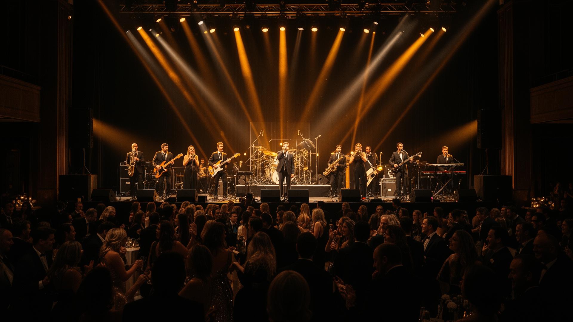 Premium live band performing on stage at a luxury event with packed dance floor