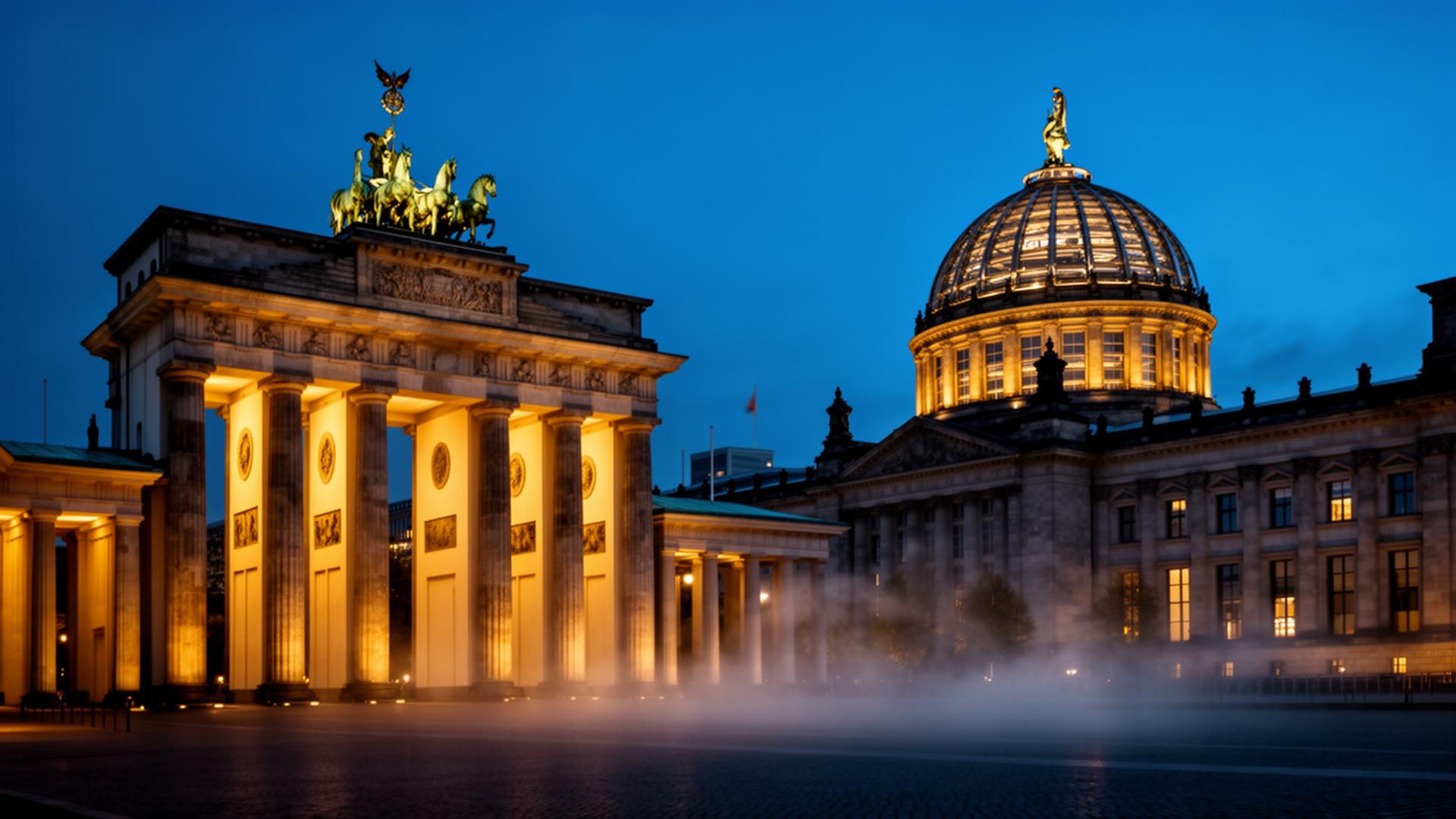 Brandenburger Tor und Reichstagskuppel in Berlin zur blauen Stunde, warm illuminiert