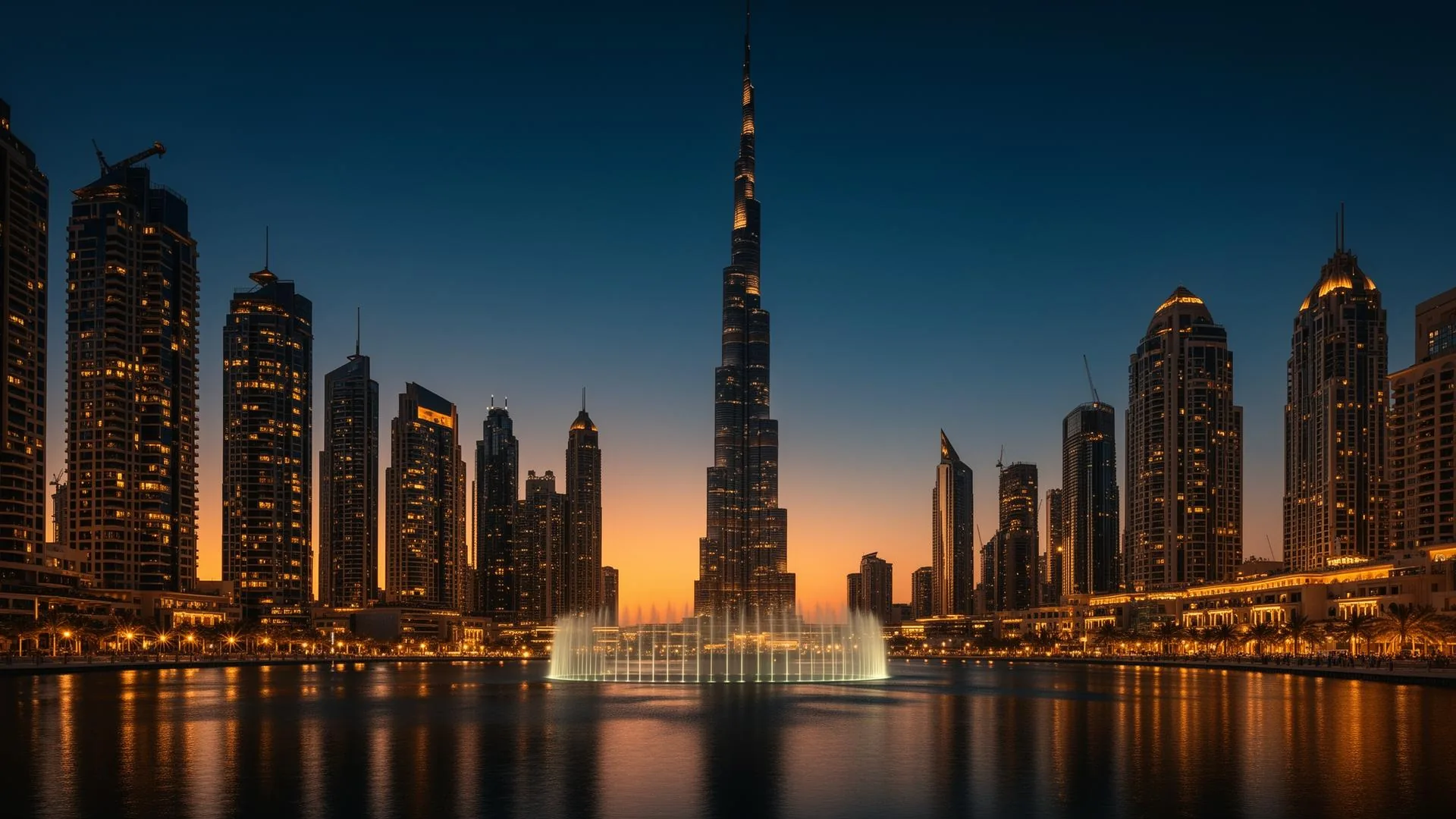 Dubai skyline at blue hour with Burj Khalifa and the Dubai Fountain reflected on calm water