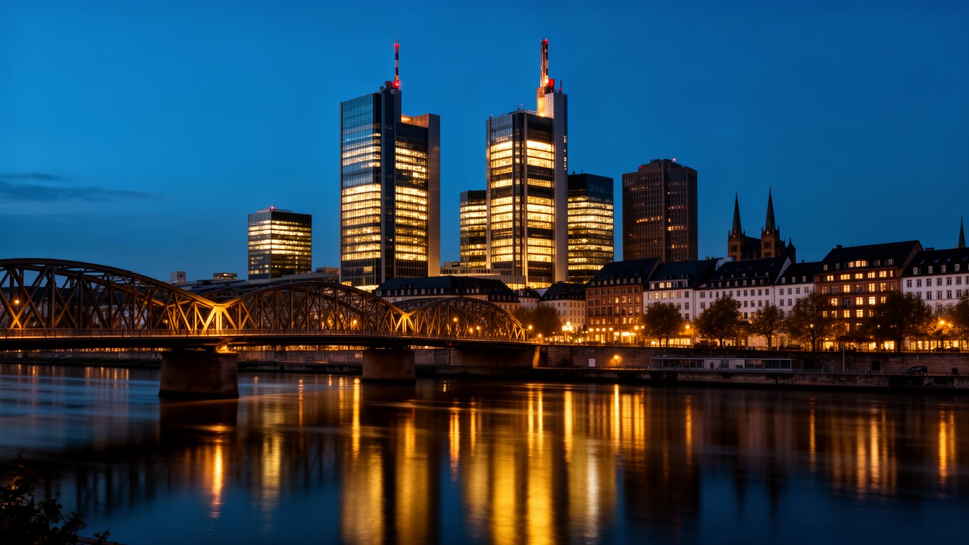 Frankfurter Skyline mit beleuchteten Bankentürmen und Eisernem Steg am Main zur blauen Stunde