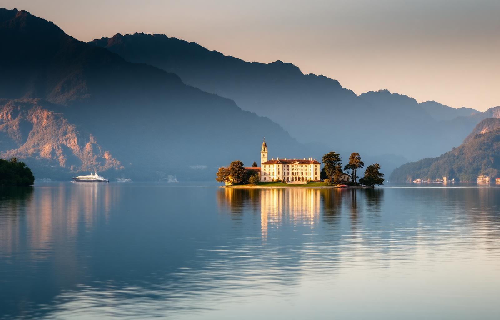 Villa am Comer See bei goldenem Sonnenuntergang mit Alpenpanorama und ruhiger Wasseroberfläche