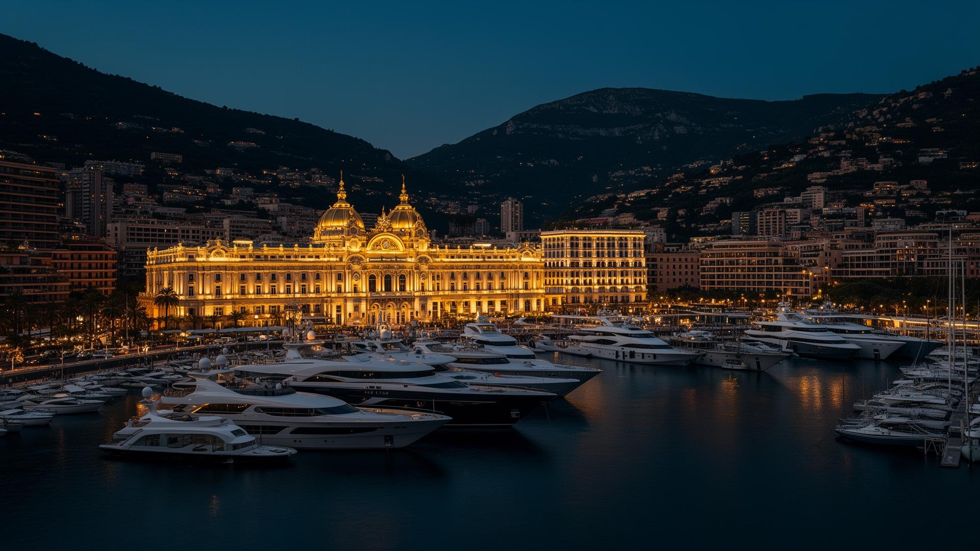 Casino und Hafen von Monte-Carlo mit Superyachten zur blauen Stunde, Küste von Monaco im Hintergrund