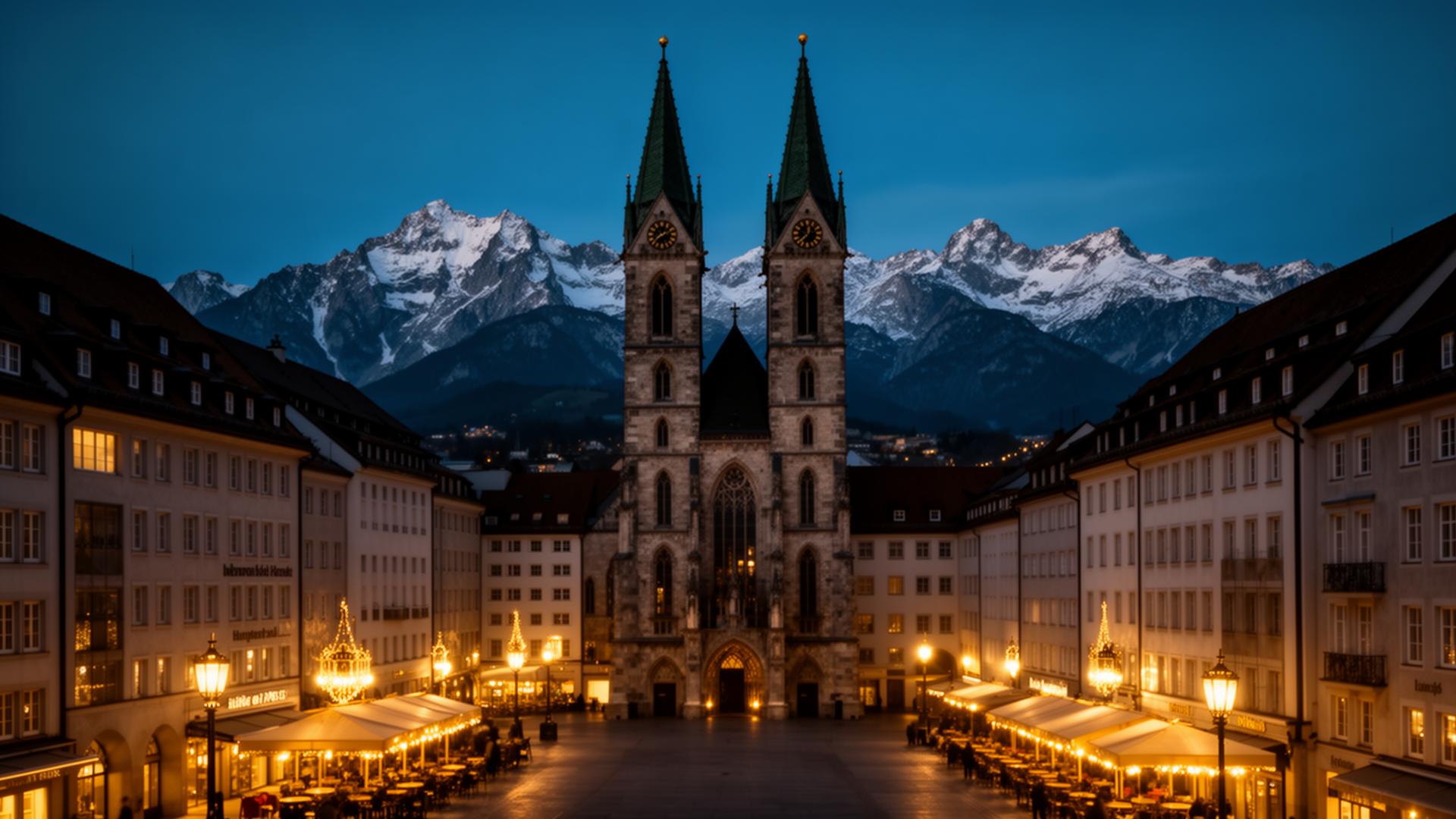 Münchner Frauenkirche mit Alpenpanorama im Hintergrund zur blauen Stunde
