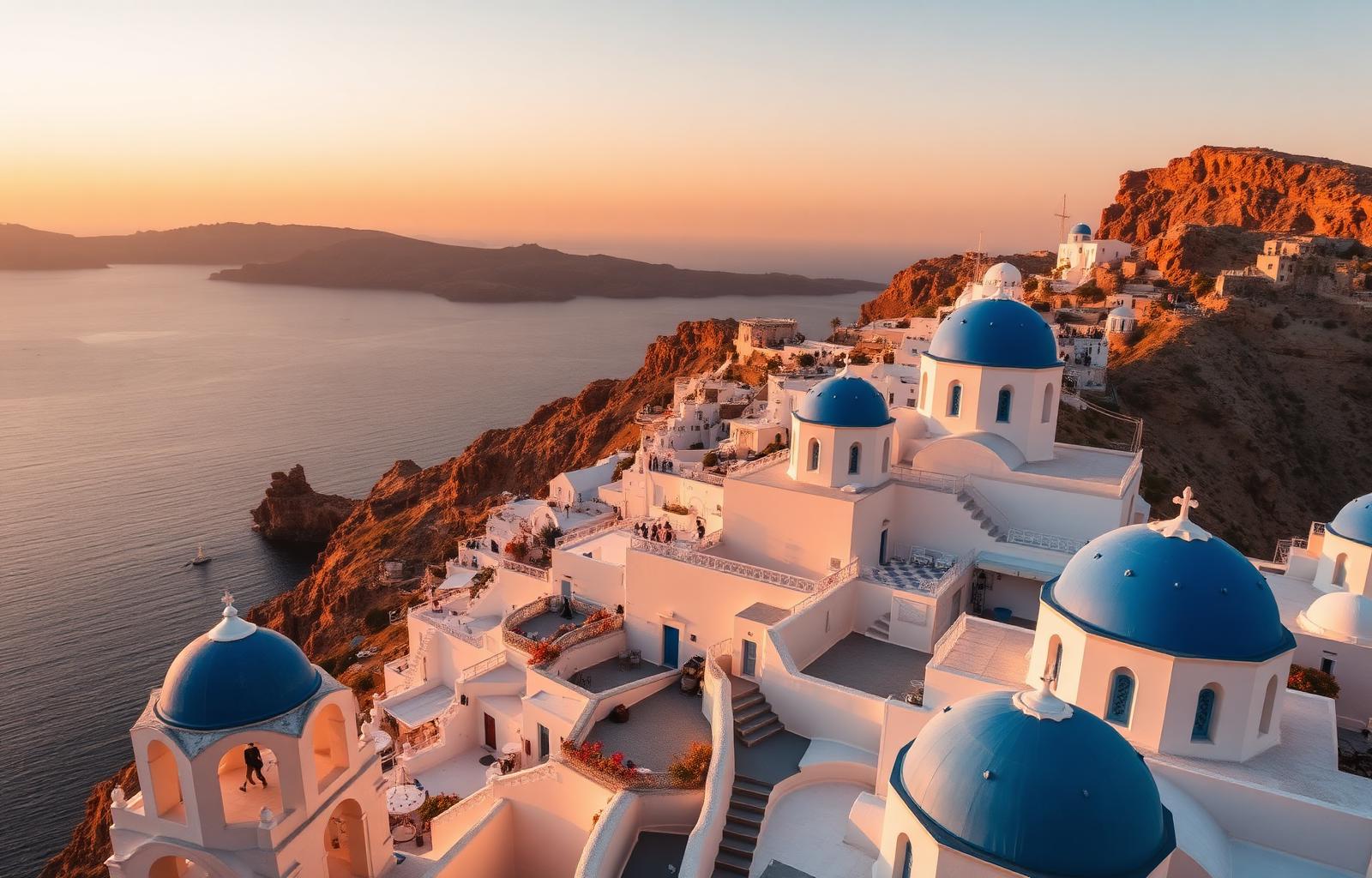 Santorini Oia village white-washed buildings with blue domes overlooking the caldera at golden hour sunset