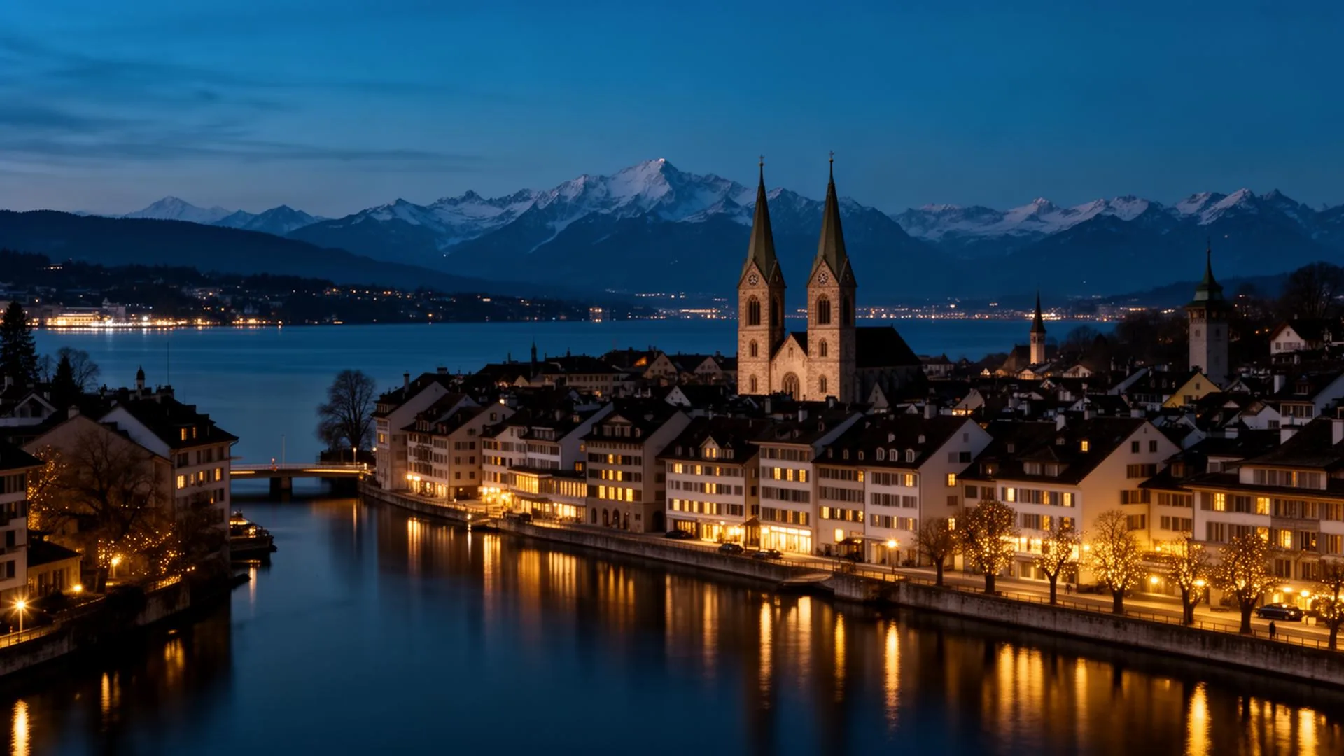 Zurich old town on the Limmat with Grossmünster and the Alps at blue hour